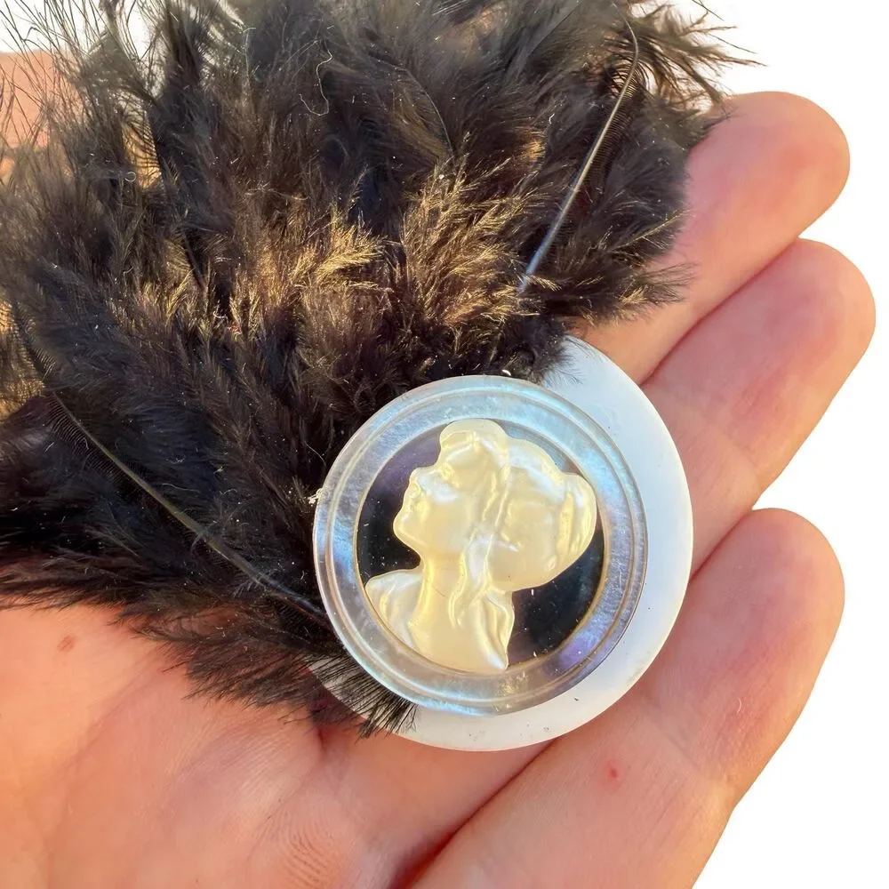 Vintage Jewelry Victorian Brooch Black and White Lady Feather Brooch